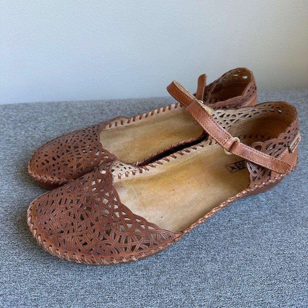 PIKOLINOS Brown Laser-Cut Leather Mary Jane Flats